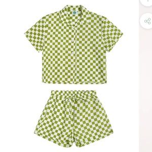 Holiday the Label green and white checkered linen shirt set size S